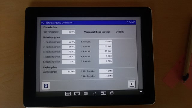 Auf der SPS, welche die Kopie des Braumeisters steuert läuft eine Visualisierung, auf welche ich via IPad zugreifen kann. Zu sehen das Maisch und Kochprogramm.