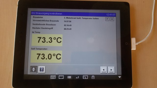 12:40 Uhr: Die dritte Maischrast läuft. in ca. 25 Minuten wird das Maischen beendet sein, nächster Handeingriff ist dann gefordert.