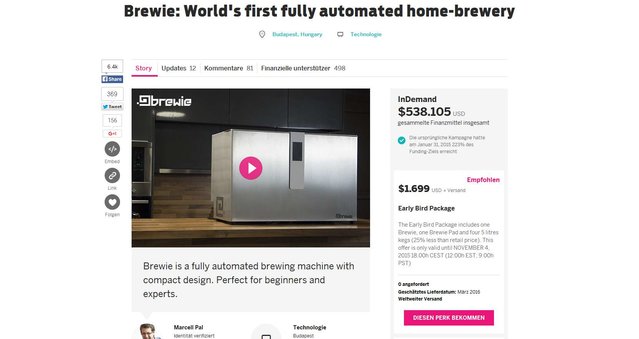 Screenshot zur Brewiebestellung auf Indiegogo