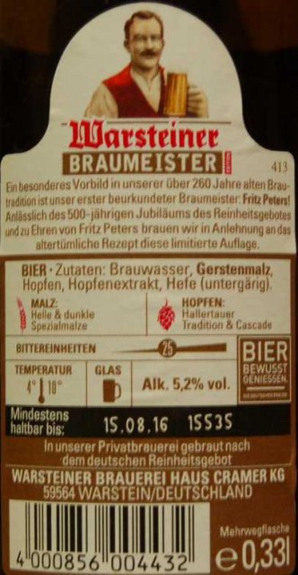 Rückseitenetikett Warsteiner Braumeister