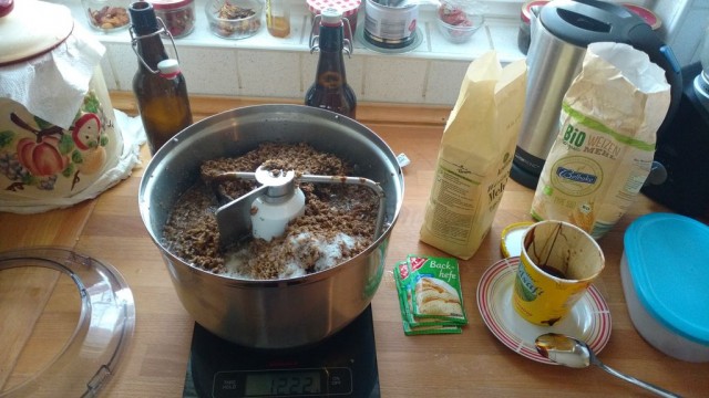 Alles in den Mixer. Nicht über die Zahl wundern, ich nutze die Zuwiegefunktion (also angezeigt Treber, Bier und der Rest)
