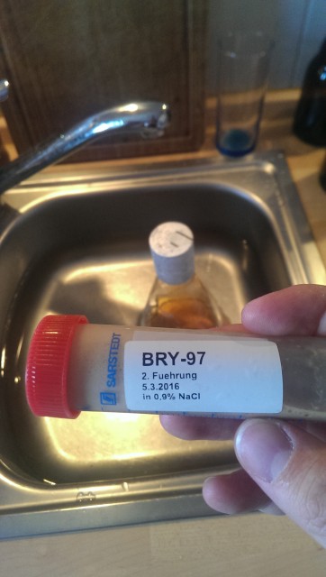 Die BRY-97 lag zweieinhalb Monate im Kühlschrank. Waren circa 40ml einer 50% Hefesuspension in isotonischer Kochsalzlösung