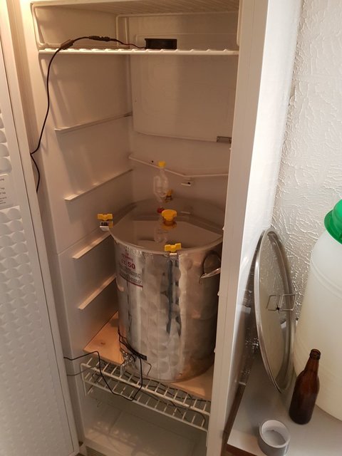 Die Gärführung passiert bei 18°C. Kontrolliert durch einen Inkbird der den Weinkühlschrank und eine innen liegende Heizschnur (80W, 9m) ansteuert.