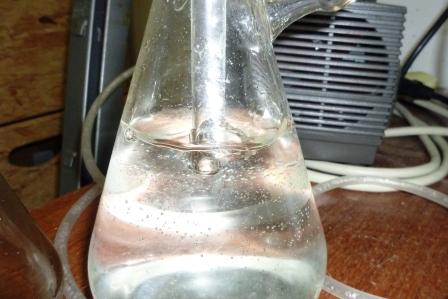 Die Waschflasche (eher Waschkolben) funktioniert prima, sowohl bei Luftzufuhr, als auch im Gärbetrieb