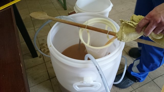 Umschlauchen und Hopfenseihen nach Whirlpool. Würze ist extrem Trüb.