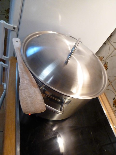 Der Sud kochte mir zuvor einmal über. Daher habe ich einen Pfannenwender in den Deckel geklemmt, um das Überschäumen zu verhindern und gleichzeitig den Sud am Kochen zu halten.