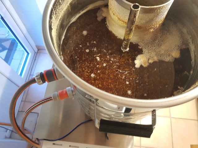 17-Kühlung.jpg (330.06 KiB) 6431 mal betrachtet Kühlen auf 80°C und Zugabe des Whirlpoolhopfens (ohne Filter)