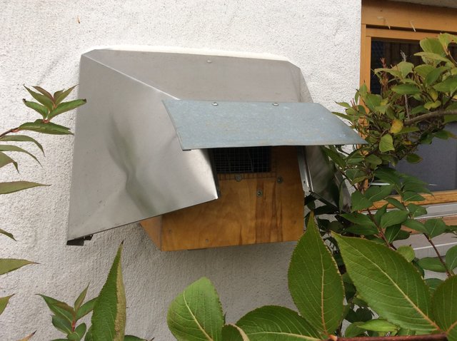 Gebrauchte Dunstabzugshaube demontiert. Um die Motor-Gebläseeinheit einen Holzkasten geschraubt, bündig an die Außenwand geschraubt. Die Edelstahlhaube zum Wetterschutz recycelt.