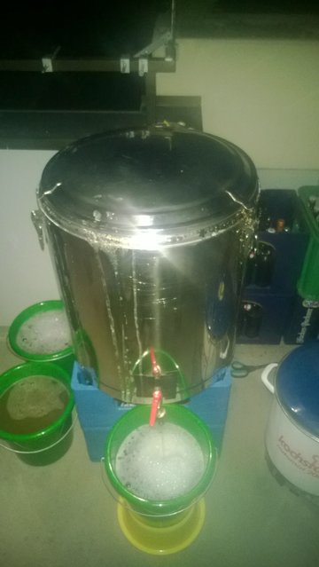 Dann ist hier zu erkennen wie wir Läutern, die Würze musste erst in Eimer zwischengelagert werden da im Einkocher das Nachgusswasser erhitzt wurde. Ja die Eimer sind nicht ideal sind zwar lebenmittelecht aber ich hätte gerne welche aus Edelstahl, zudem brauche ich noch einen Schlauch um der Oxidation einhalt zu gebieten. Auf die schnelle habe ich jetzt aber keinen lebensmittelechten Silikonschlauch aufgetrieben. Der Rest der Würze wurde in den Gärballons gelagert.
