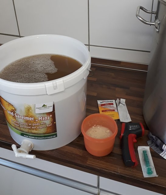 Nach Verdünnen mit abgekochtem Glattwasser 14l mit 13°P auf 18° C. Kann man anstellen. Temperatur gemessen und Spritze für Schnellvergärprobe bereit gelegt. Mache ich auch obergärig.