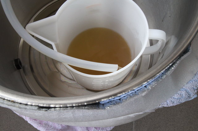 Obwohl ich erst etwas Bedenken hatte, dass der 38L - Thermoport zu groß für diese Sudgröße ist (Ziel waren 25 L), hat das Läutern im prima funktioniert. Schon nach 3 Litern feinste klare Brühe.