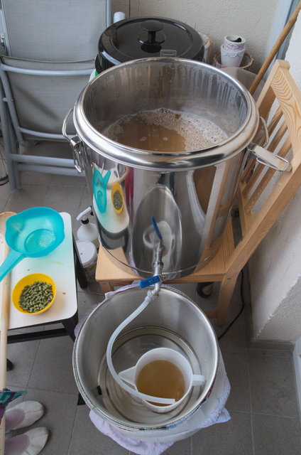 76g Celeia (Styrian Golding) warten bereits auf ihren Einsatz als Vorderwürzehopfen. Parallel wurden in der Küche schon mal zwei große Topfe für die Nachgüsse angeheizt.