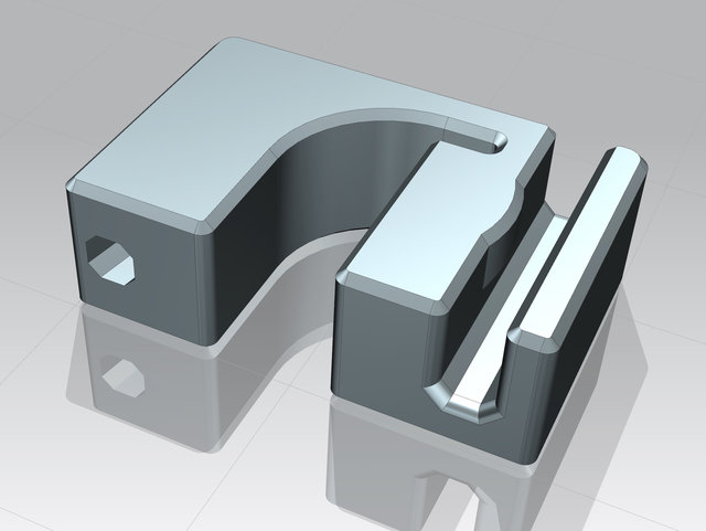CAD Rendering des Halters, gut erkennbar die Klemmung für das Kabel