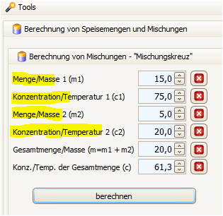 Mischungskreuz im BrewRecipeDeveloper. Die gelb markierten Felder sind Eingaben, der Rest ist berechnet.