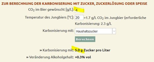 Soll: 5g Zucker ergeben ca. 4g CO2/L bei 20°C.