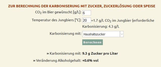 Beispiel Weizen soll: 6g CO2/L bei 20C benötigen ca. 9g Zucker/L