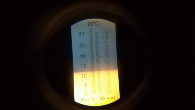 14:00: Stammwürze nach 45 Minuten Kochen auf gewünschten 12°Brix