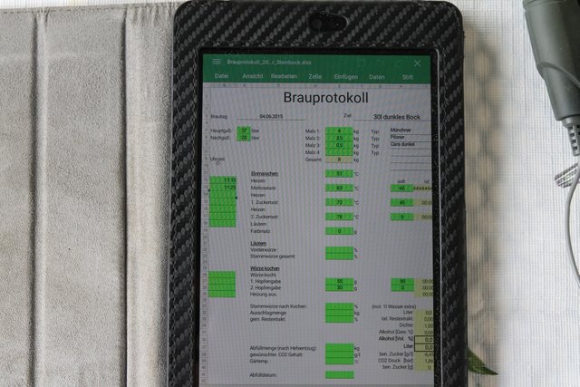 IMG_8165.JPG (600.09 KiB) 8892 mal betrachtet Ach ja ... und alles schön Dokumentieren. Ich hab mir dazu 'ne Excel Tabelle gemacht, mit der ich nicht nur Zeiten und Rezept festhalten kann. Es werden auch gleich alle notwendigen Berechnungen wie Alkohol, Zuckergabe für die Nachgärung, usw. erledigt.<br />Bei Interesse stell ich die Tabelle gern online.