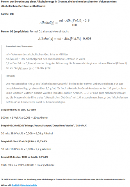 Berechnung einer Alkoholmenge in Gramm, die in einem bestimmten Volumen eines alkoholischen Getränks enthalten ist